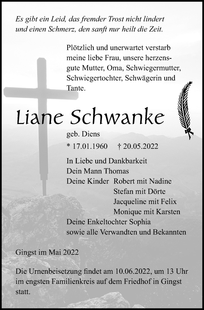  Traueranzeige für Liane Schwanke vom 28.05.2022 aus Ostsee-Zeitung GmbH