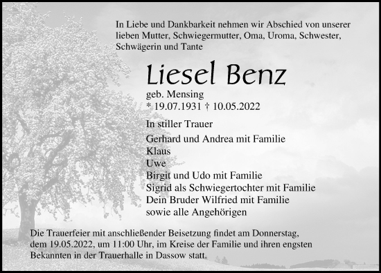 Traueranzeige von Liesel Benz von Ostsee-Zeitung GmbH