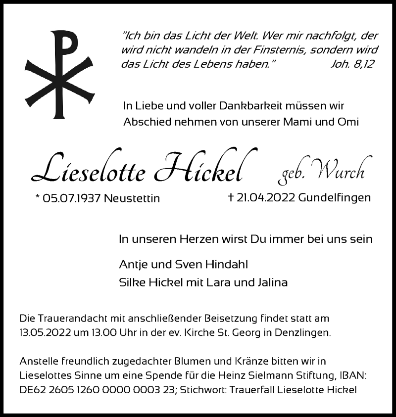  Traueranzeige für Lieselotte Hickel vom 01.05.2022 aus Lübecker Nachrichten