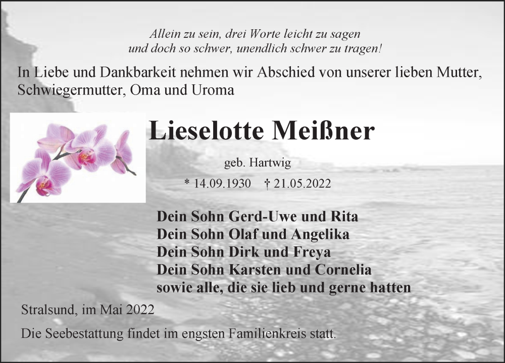  Traueranzeige für Lieselotte Meißner vom 28.05.2022 aus Ostsee-Zeitung GmbH