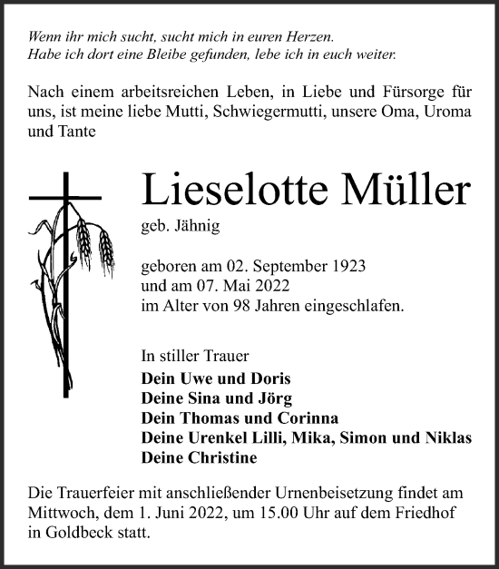 Traueranzeige von Lieselotte Müller von Leipziger Volkszeitung