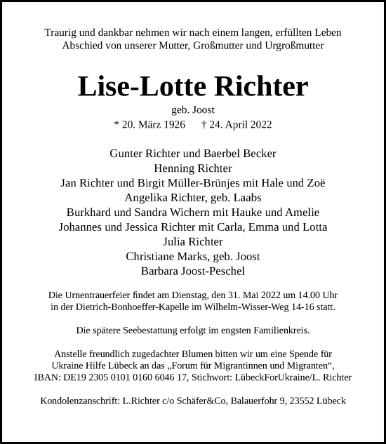 Traueranzeige von Lise-Lotte Richter von Lübecker Nachrichten