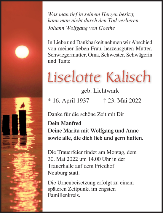 Traueranzeige von Liselotte Kalisch von Ostsee-Zeitung GmbH