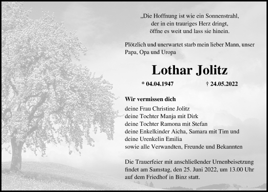 Traueranzeige von Lothar Jolitz von Ostsee-Zeitung GmbH