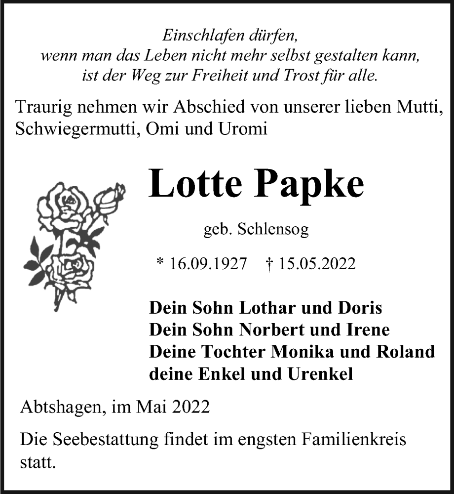  Traueranzeige für Lotte Papke vom 21.05.2022 aus Ostsee-Zeitung GmbH
