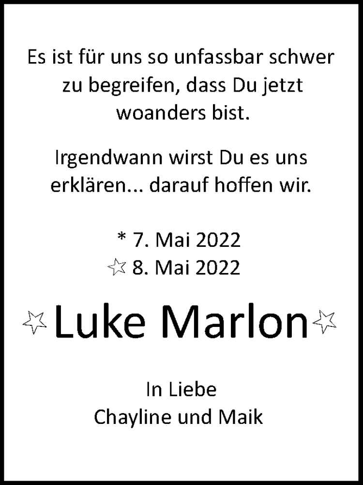  Traueranzeige für Luke Marlon  vom 14.05.2022 aus Kieler Nachrichten