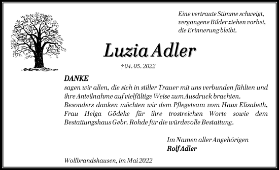 Traueranzeige von Luzia Adler von Eichsfelder Tageblatt