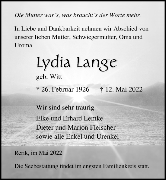 Traueranzeige von Lydia Lange von Ostsee-Zeitung GmbH