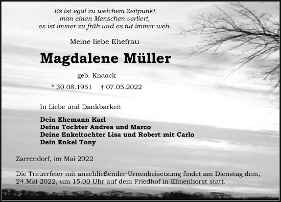 Traueranzeige von Magdalene Müller von Ostsee-Zeitung GmbH