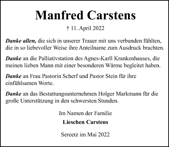 Traueranzeige von Manfred Carstens von Lübecker Nachrichten