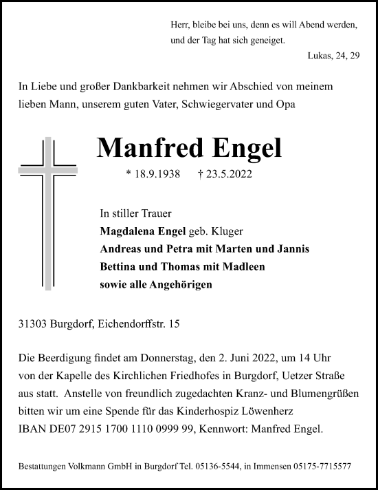 Traueranzeige von Manfred Engel von Hannoversche Allgemeine Zeitung/Neue Presse