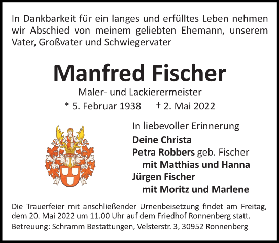 Traueranzeige von Manfred Fischer von Hannoversche Allgemeine Zeitung/Neue Presse