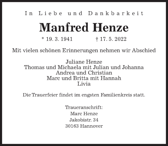 Traueranzeige von Manfred Henze von Hannoversche Allgemeine Zeitung/Neue Presse