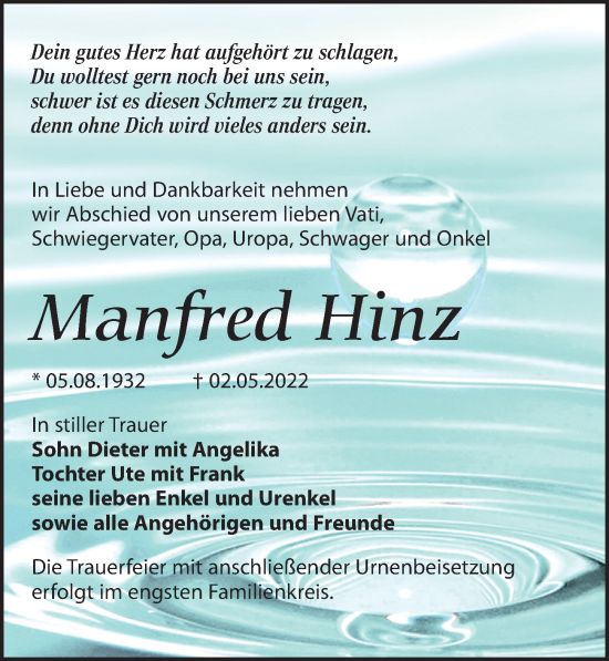 Traueranzeige von Manfred Hinz von Leipziger Volkszeitung