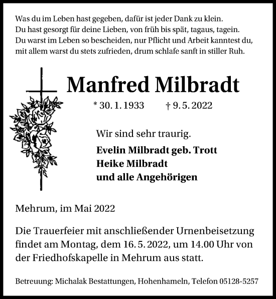 Traueranzeige von Manfred Milbradt von Hannoversche Allgemeine Zeitung/Neue Presse