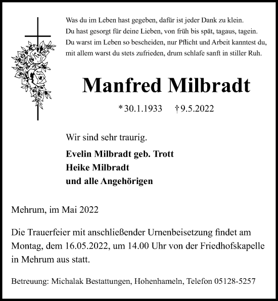 Traueranzeige von Manfred Milbradt von Peiner Allgemeine Zeitung