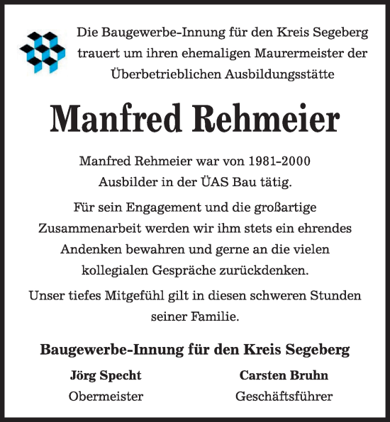 Traueranzeige von Manfred Rehmeier von Kieler Nachrichten