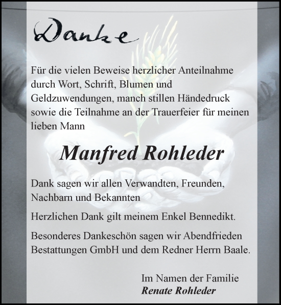 Traueranzeige von Manfred Rohleder von Ostsee-Zeitung GmbH
