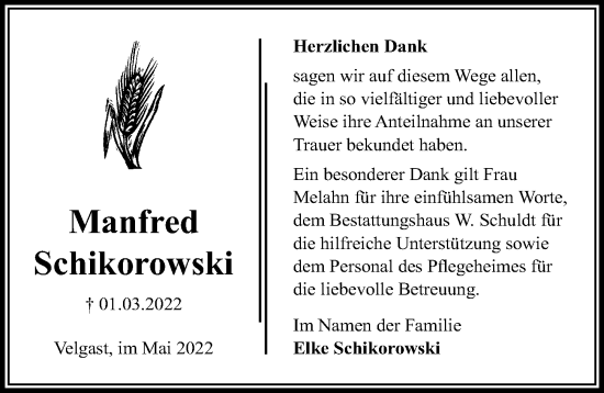 Traueranzeige von Manfred Schikorowski von Ostsee-Zeitung GmbH
