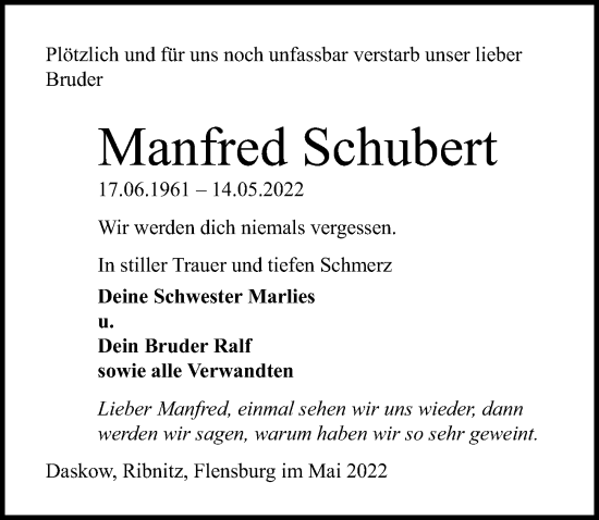 Traueranzeige von Manfred Schubert von Ostsee-Zeitung GmbH