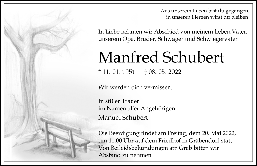  Traueranzeige für Manfred Schubert vom 14.05.2022 aus Märkischen Allgemeine Zeitung