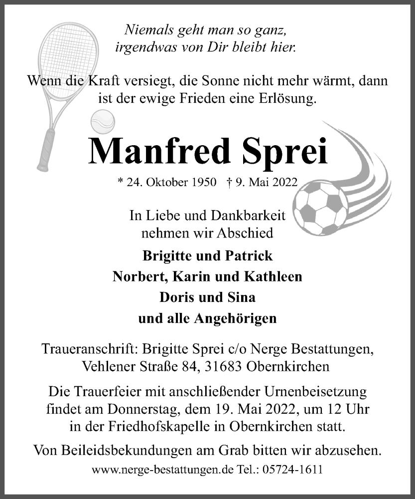  Traueranzeige für Manfred Sprei vom 14.05.2022 aus Schaumburger Nachrichten
