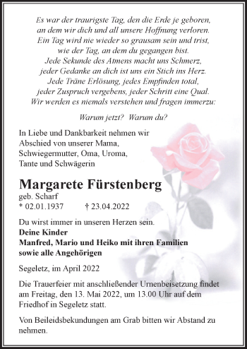 Traueranzeige von Margarete Fürstenberg von Märkischen Allgemeine Zeitung
