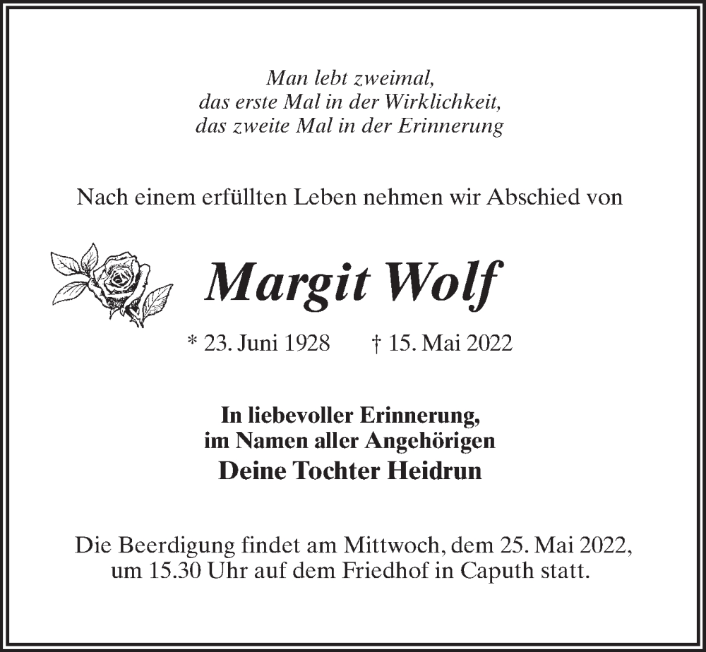  Traueranzeige für Margit Wolf vom 21.05.2022 aus Märkischen Allgemeine Zeitung