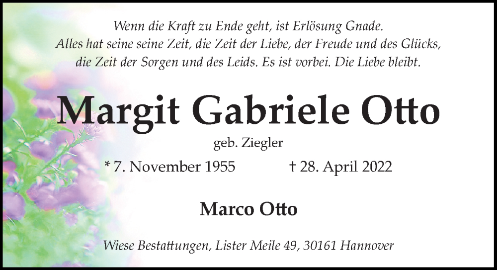  Traueranzeige für Margit Gabriele Otto vom 07.05.2022 aus Hannoversche Allgemeine Zeitung/Neue Presse
