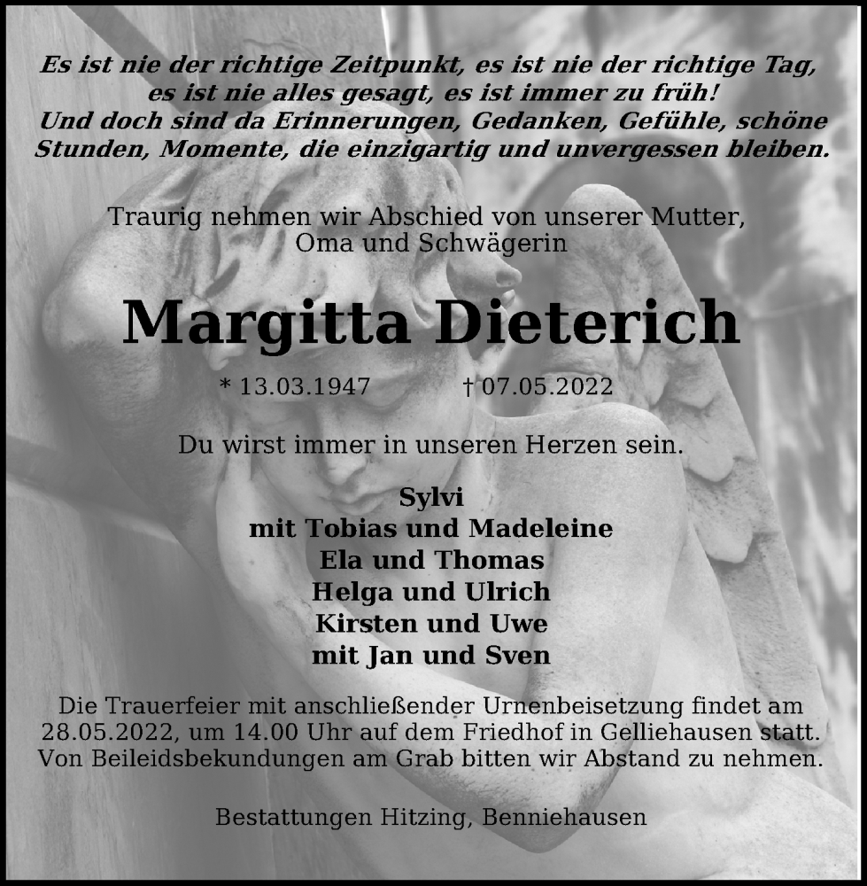  Traueranzeige für Margitta Dieterich vom 14.05.2022 aus Göttinger Tageblatt