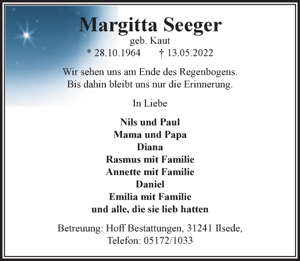  Traueranzeige für Margitta Seeger vom 21.05.2022 aus Peiner Allgemeine Zeitung