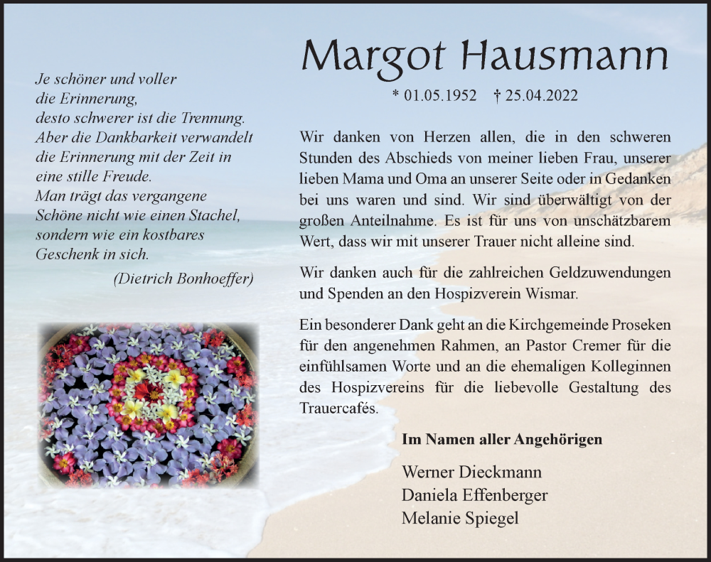  Traueranzeige für Margot Hausmann vom 28.05.2022 aus Ostsee-Zeitung GmbH