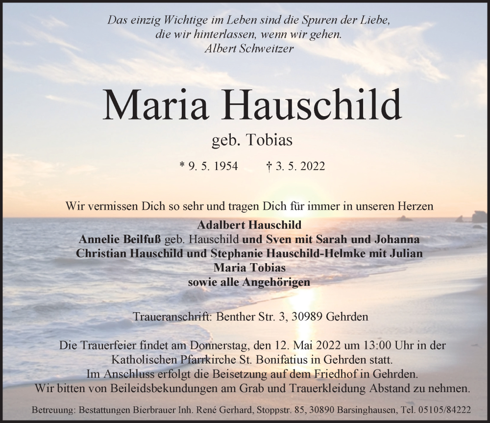 Traueranzeige für Maria Hauschild vom 07.05.2022 aus Hannoversche Allgemeine Zeitung/Neue Presse
