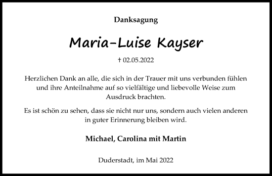 Traueranzeige von Maria-Luise Kayser von Eichsfelder Tageblatt