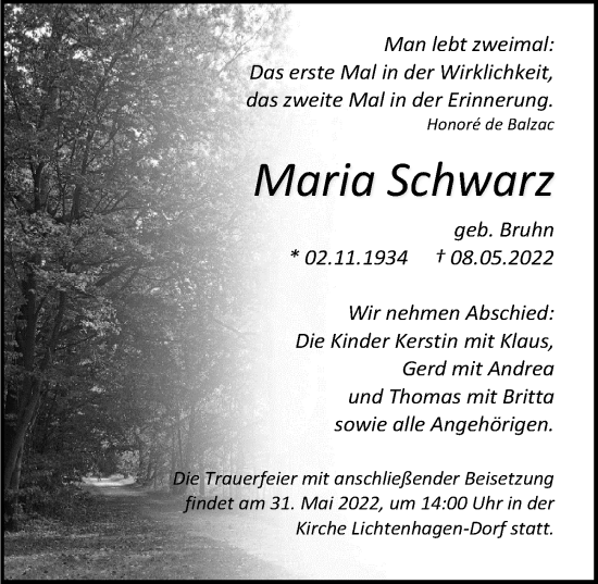 Traueranzeige von Maria Schwarz von Ostsee-Zeitung GmbH