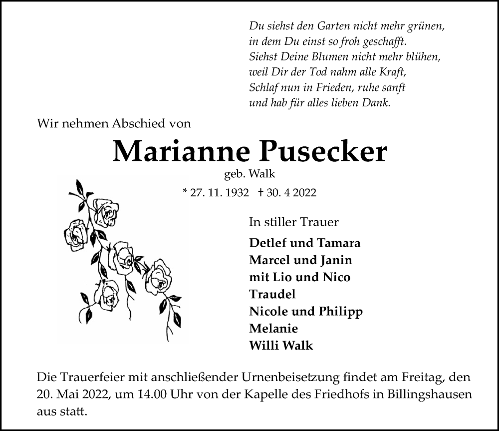  Traueranzeige für Marianne Pusecker vom 14.05.2022 aus Göttinger Tageblatt