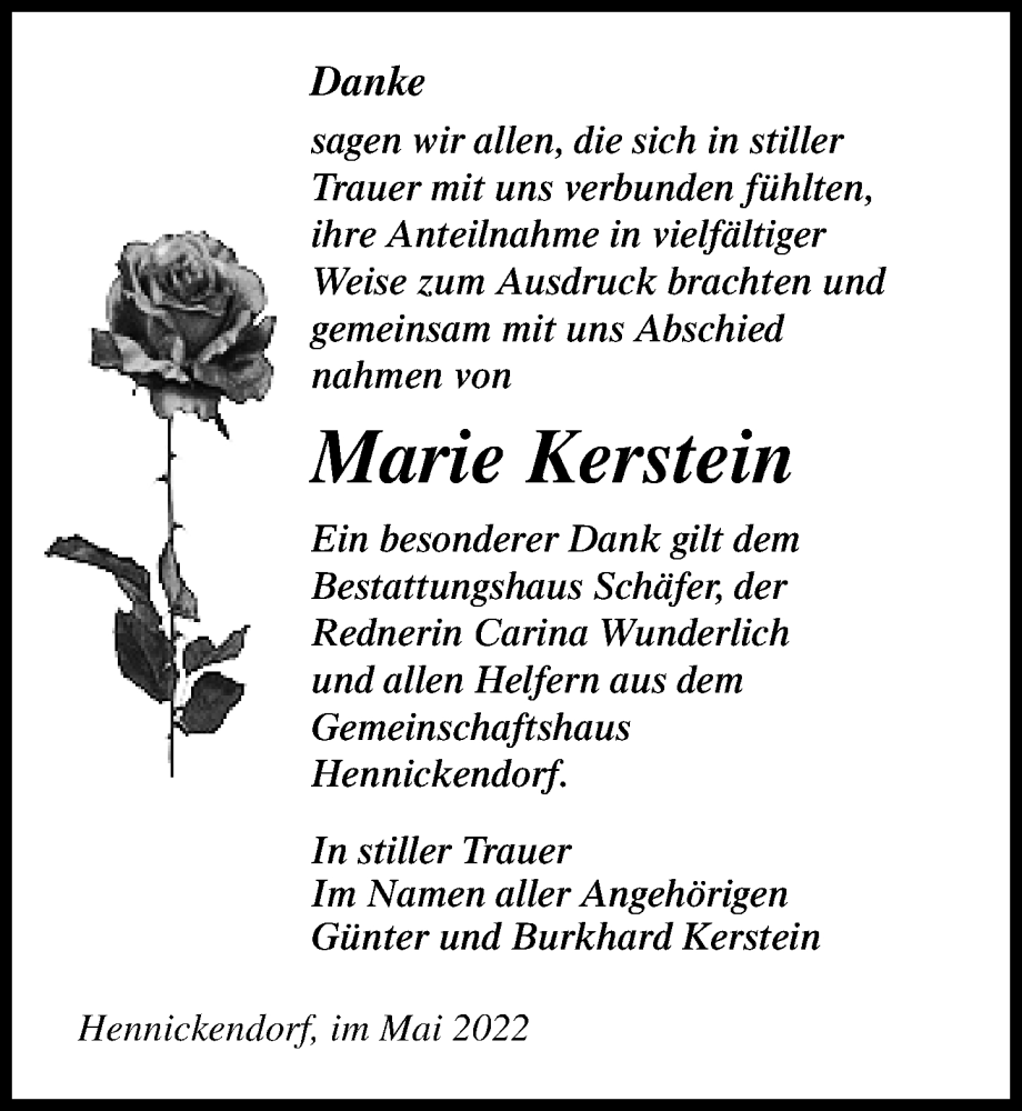  Traueranzeige für Marie Kerstein vom 07.05.2022 aus Märkischen Allgemeine Zeitung