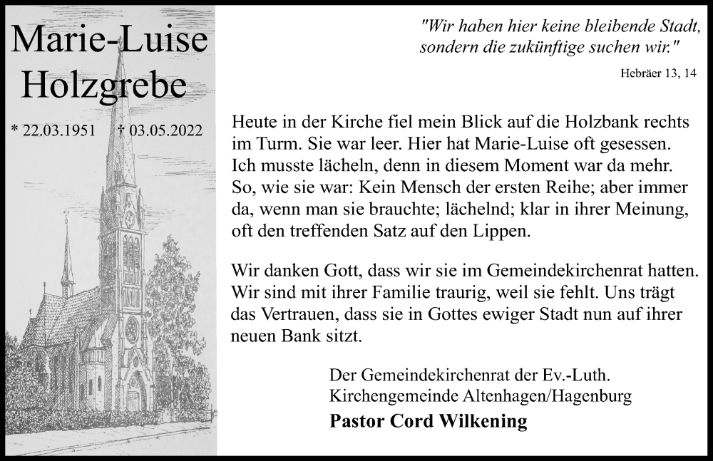  Traueranzeige für Marie-Luise Holzgrebe vom 07.05.2022 aus Schaumburger Nachrichten