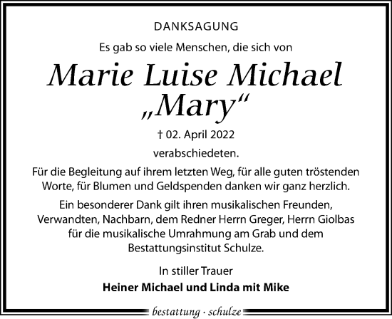 Traueranzeige von Marie Luise Michael von Leipziger Volkszeitung