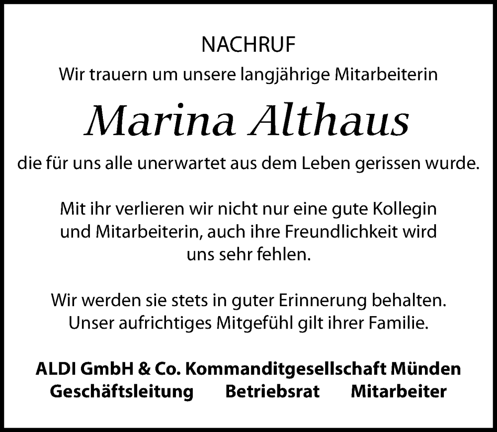  Traueranzeige für Marina Althaus vom 28.05.2022 aus Göttinger Tageblatt