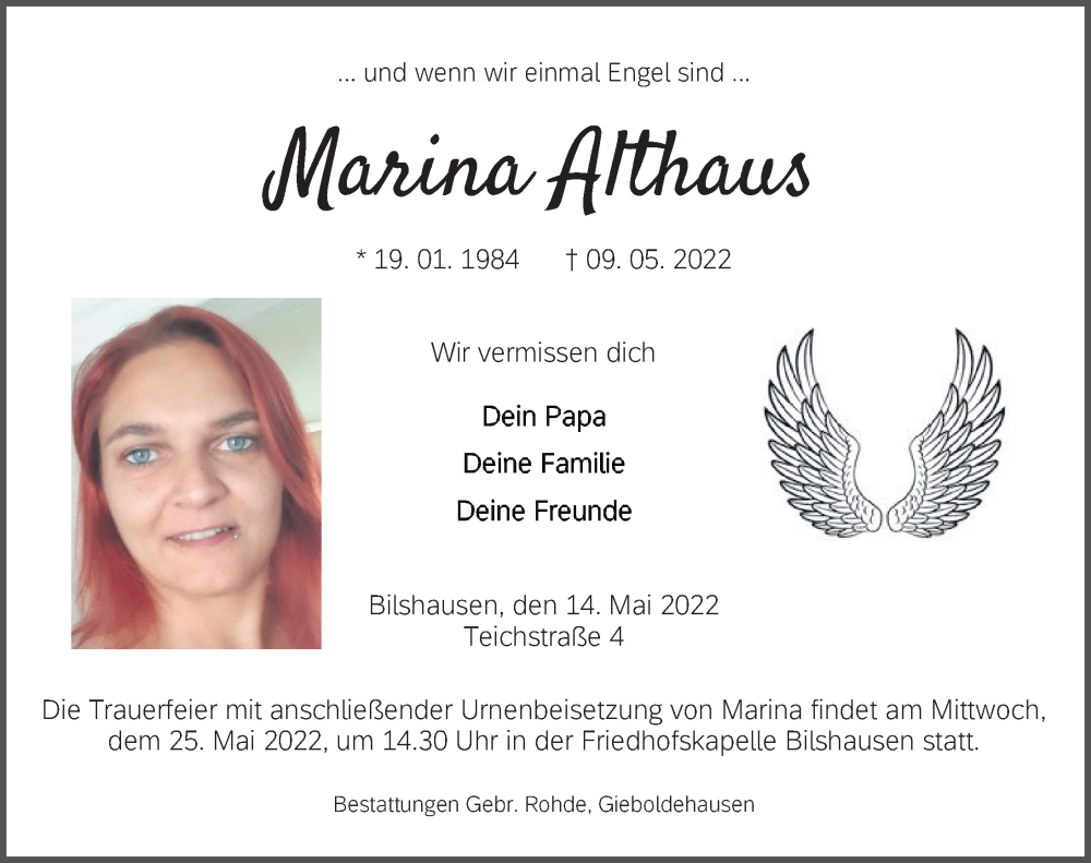  Traueranzeige für Marina Althaus vom 14.05.2022 aus Eichsfelder Tageblatt