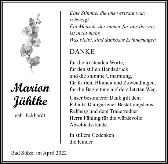 Traueranzeige von Marion Jühlke von Ostsee-Zeitung GmbH