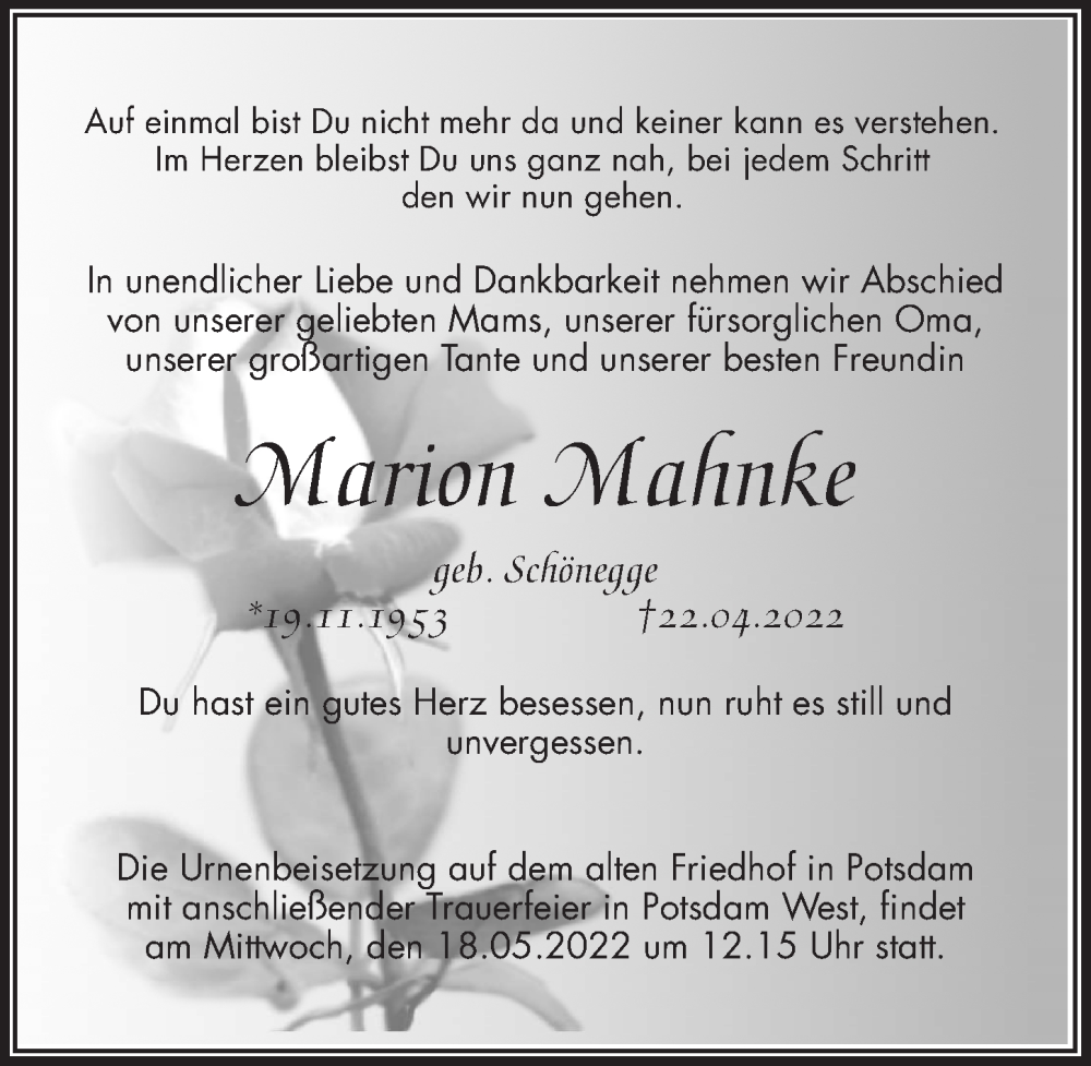  Traueranzeige für Marion Mahnke vom 07.05.2022 aus Märkischen Allgemeine Zeitung