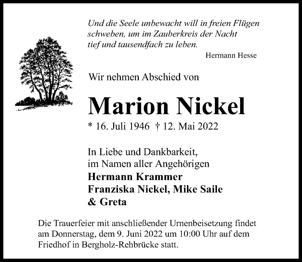  Traueranzeige für Marion Nickel vom 21.05.2022 aus Märkischen Allgemeine Zeitung