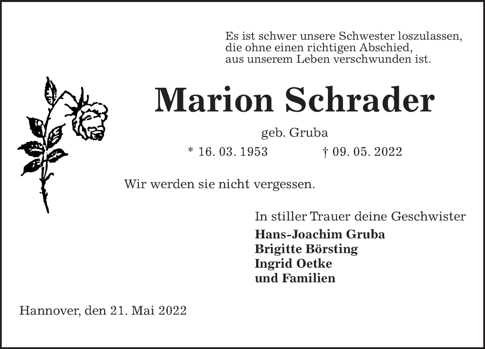  Traueranzeige für Marion Schrader vom 21.05.2022 aus Hannoversche Allgemeine Zeitung/Neue Presse