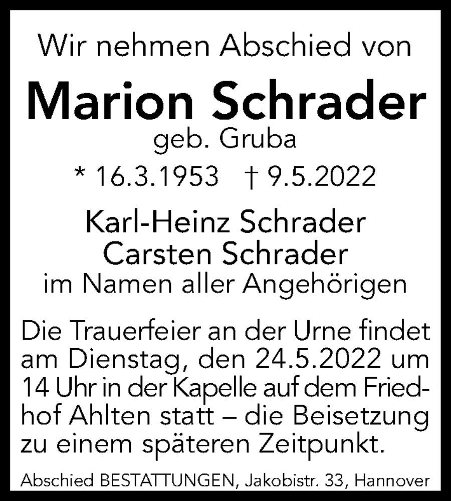  Traueranzeige für Marion Schrader vom 14.05.2022 aus Hannoversche Allgemeine Zeitung/Neue Presse