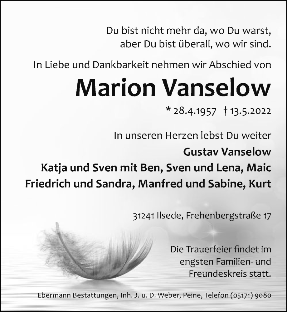  Traueranzeige für Marion Vanselow vom 21.05.2022 aus Peiner Allgemeine Zeitung