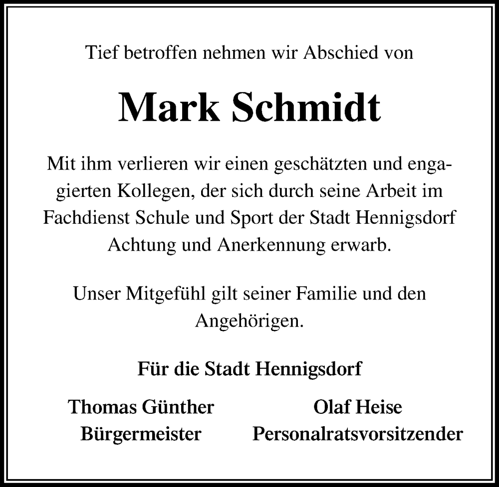  Traueranzeige für Mark Schmidt vom 14.05.2022 aus Märkischen Allgemeine Zeitung