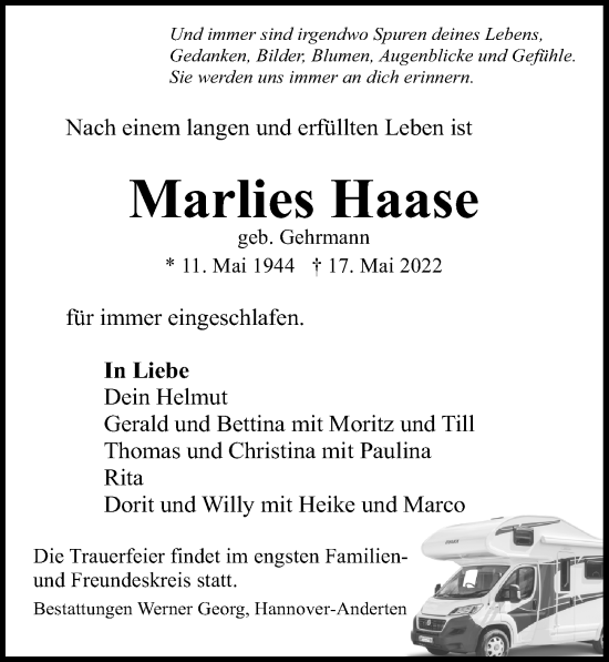 Traueranzeige von Marlies Haase von Hannoversche Allgemeine Zeitung/Neue Presse