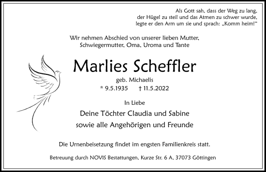 Traueranzeige von Marlies Scheffler von Göttinger Tageblatt